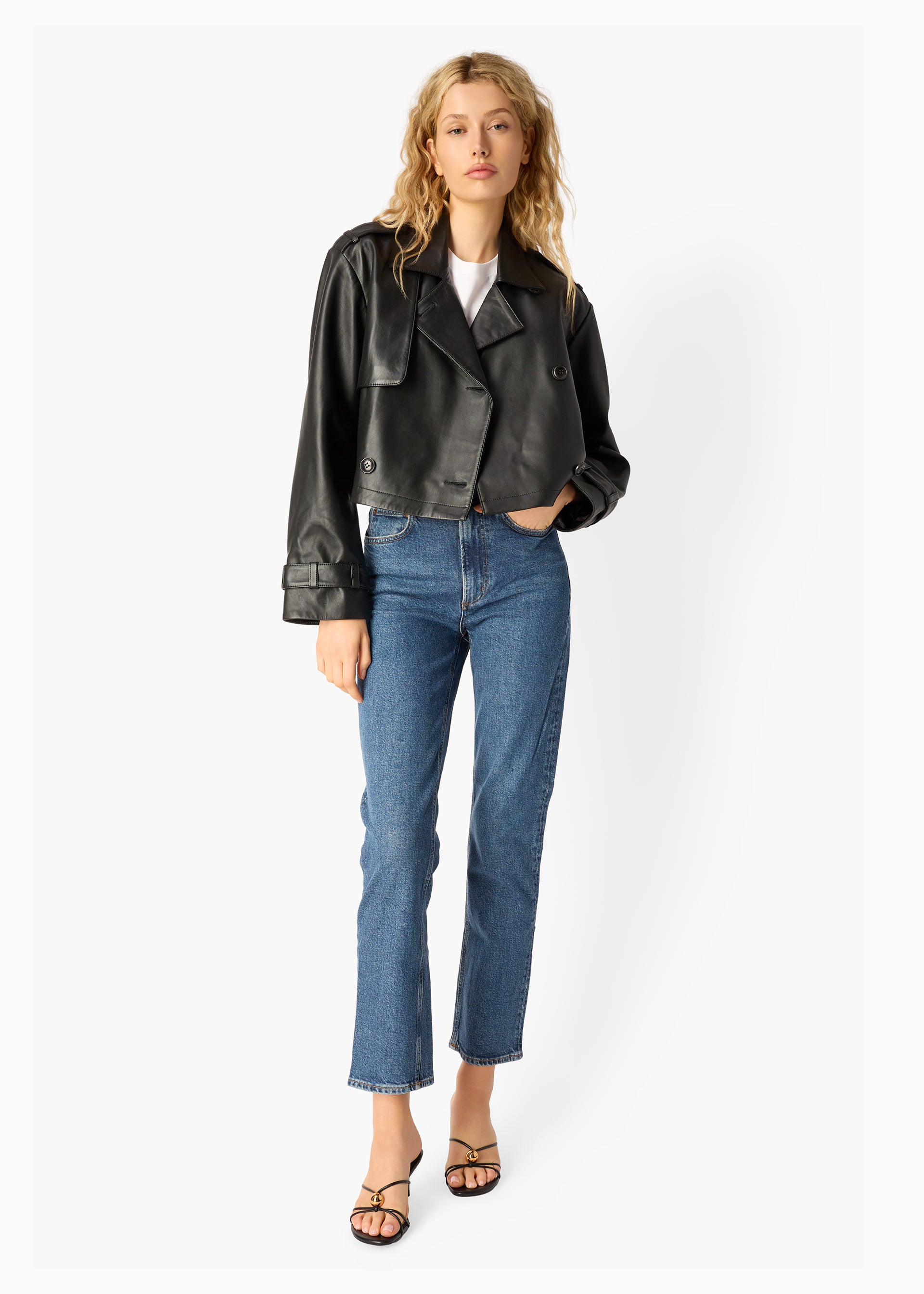 Saskia Genuine Leather Cropped Trench Black