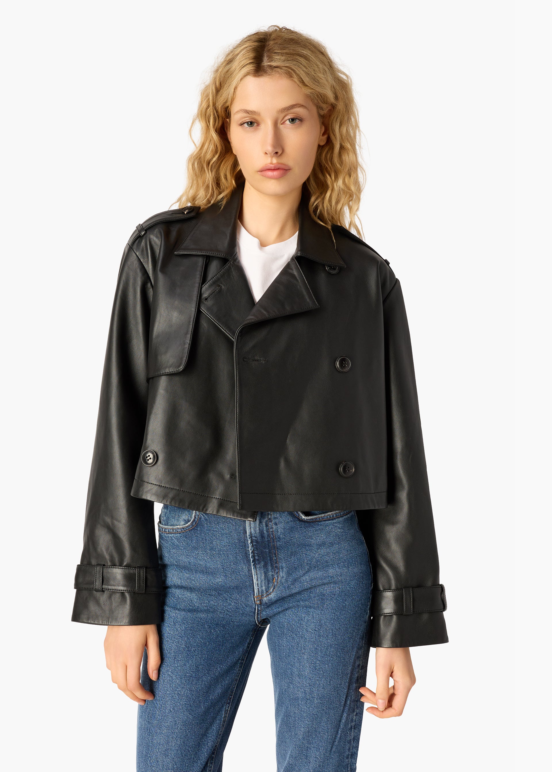 Saskia Genuine Leather Cropped Trench Black