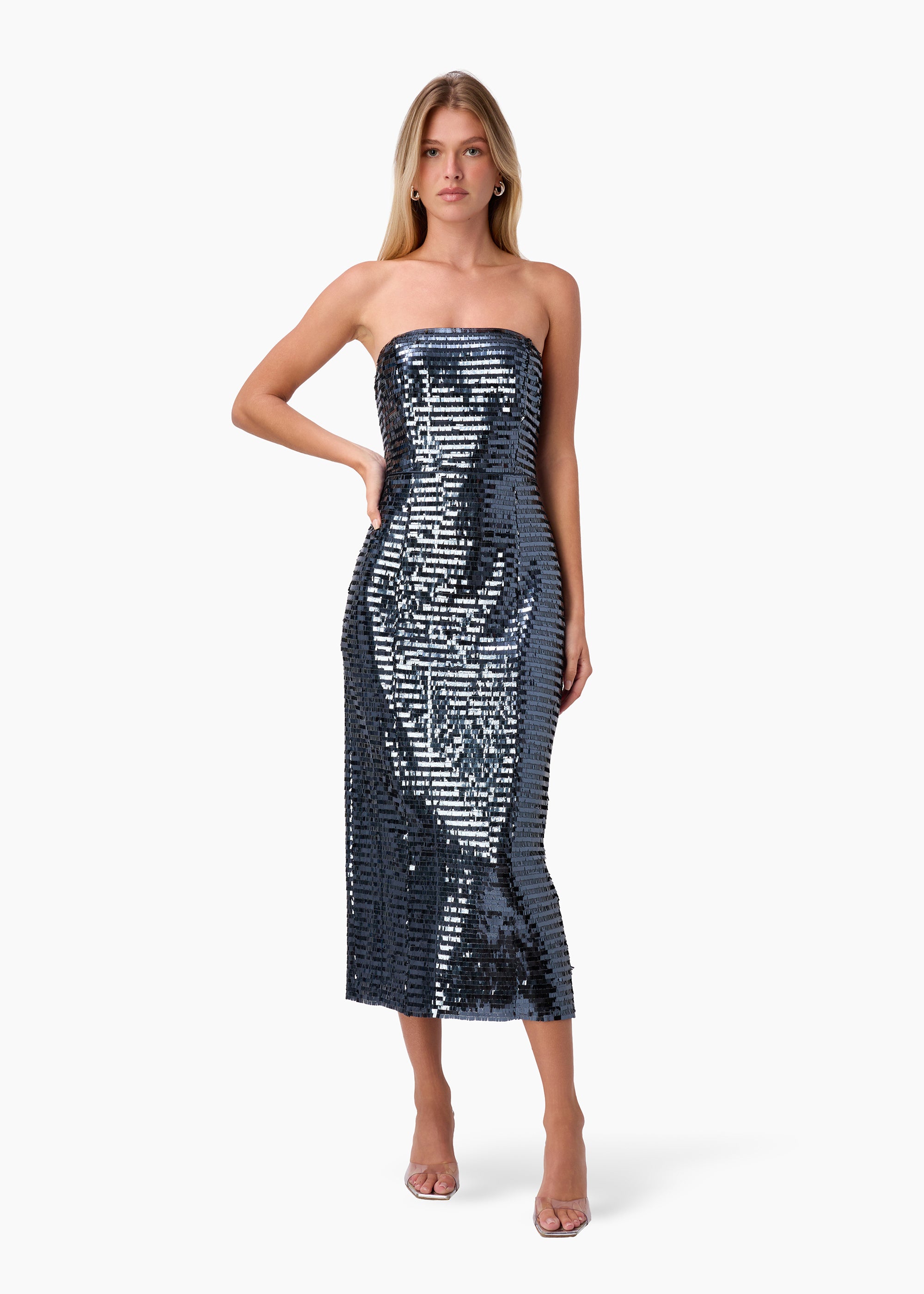 Circe Sequin Midi Strapless Dress Coal CAMI NYC Circe Sequin Midi Strapless Dress Coal CAMI NYC