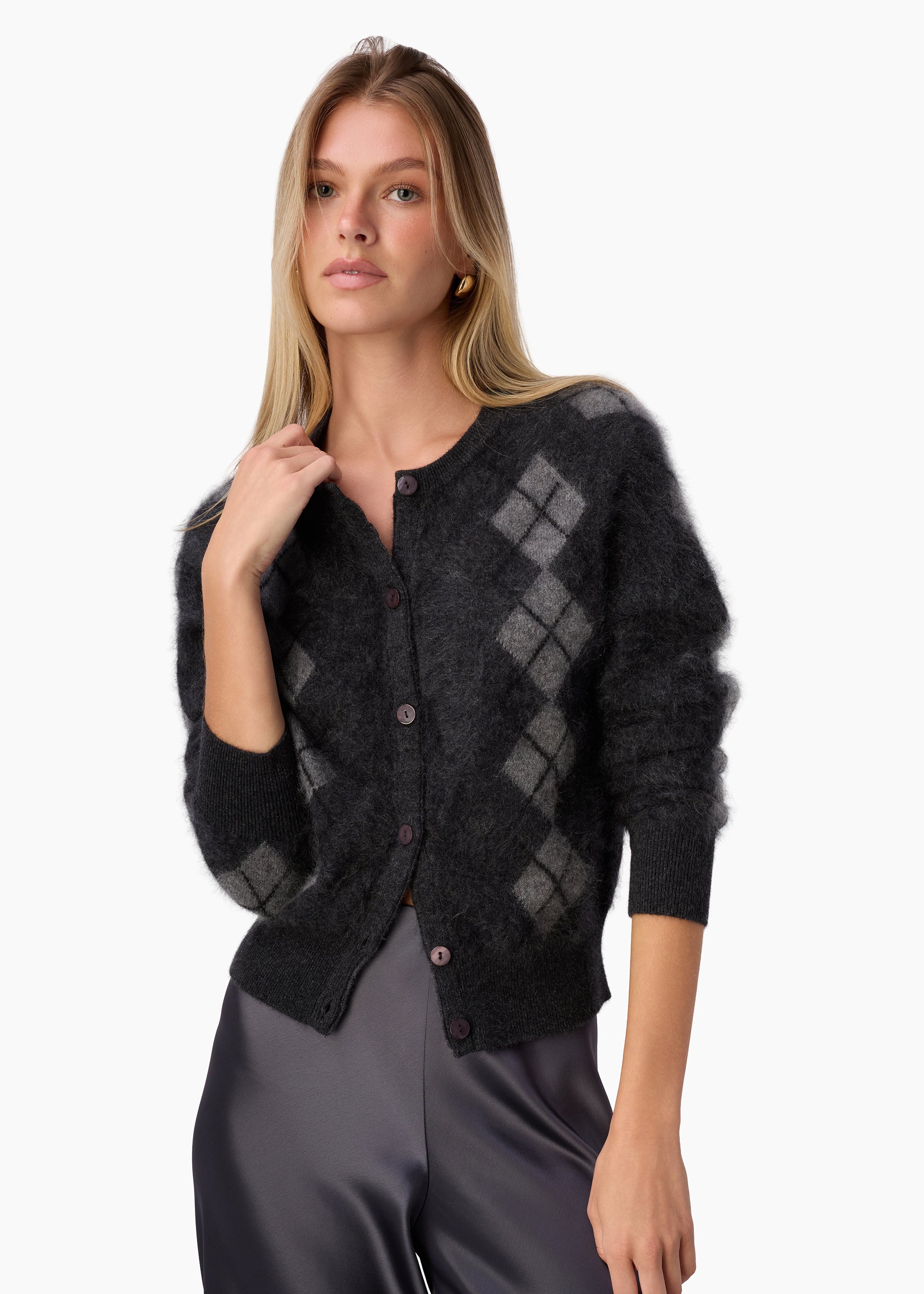 Dorian Cashmere Cardigan Gray Argyle – CAMI NYC