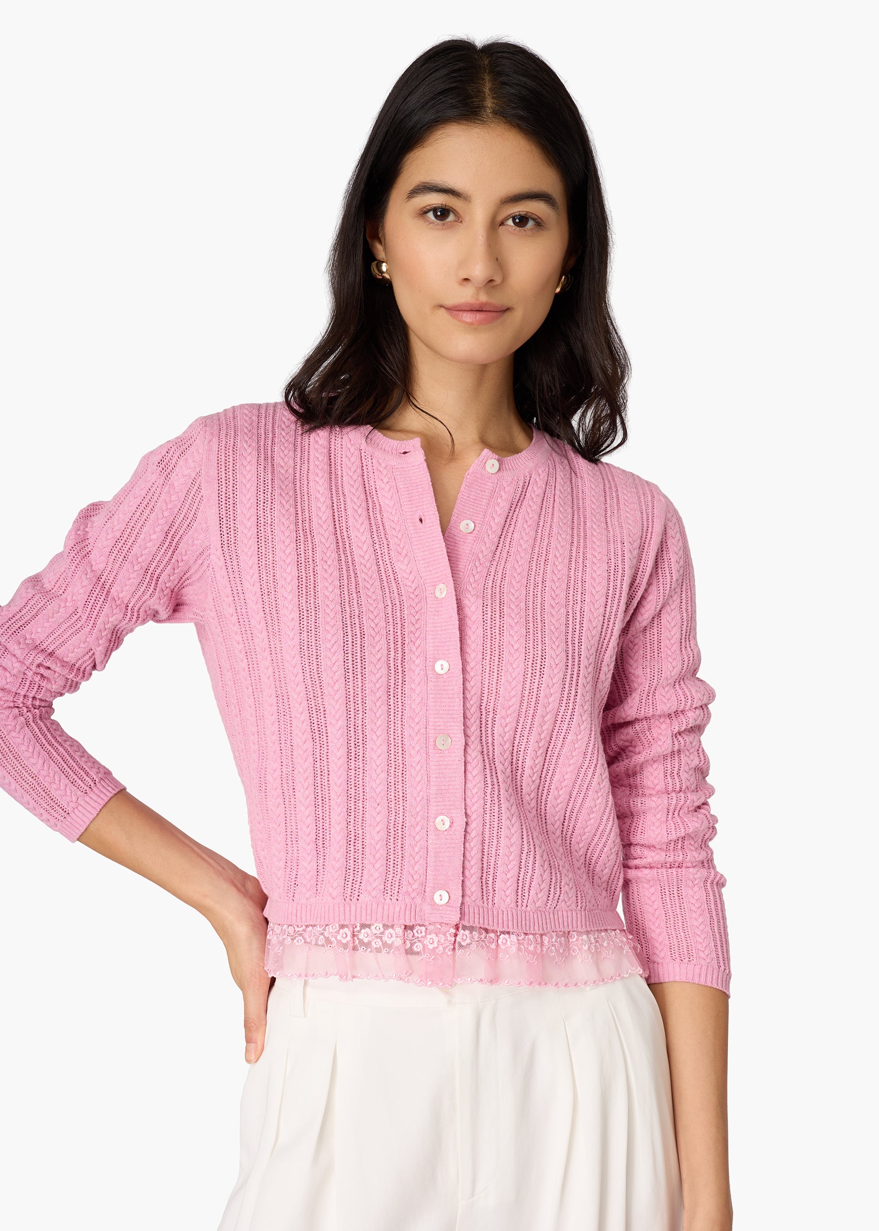 Pedra Pointelle Cardigan Rosebud – CAMI NYC