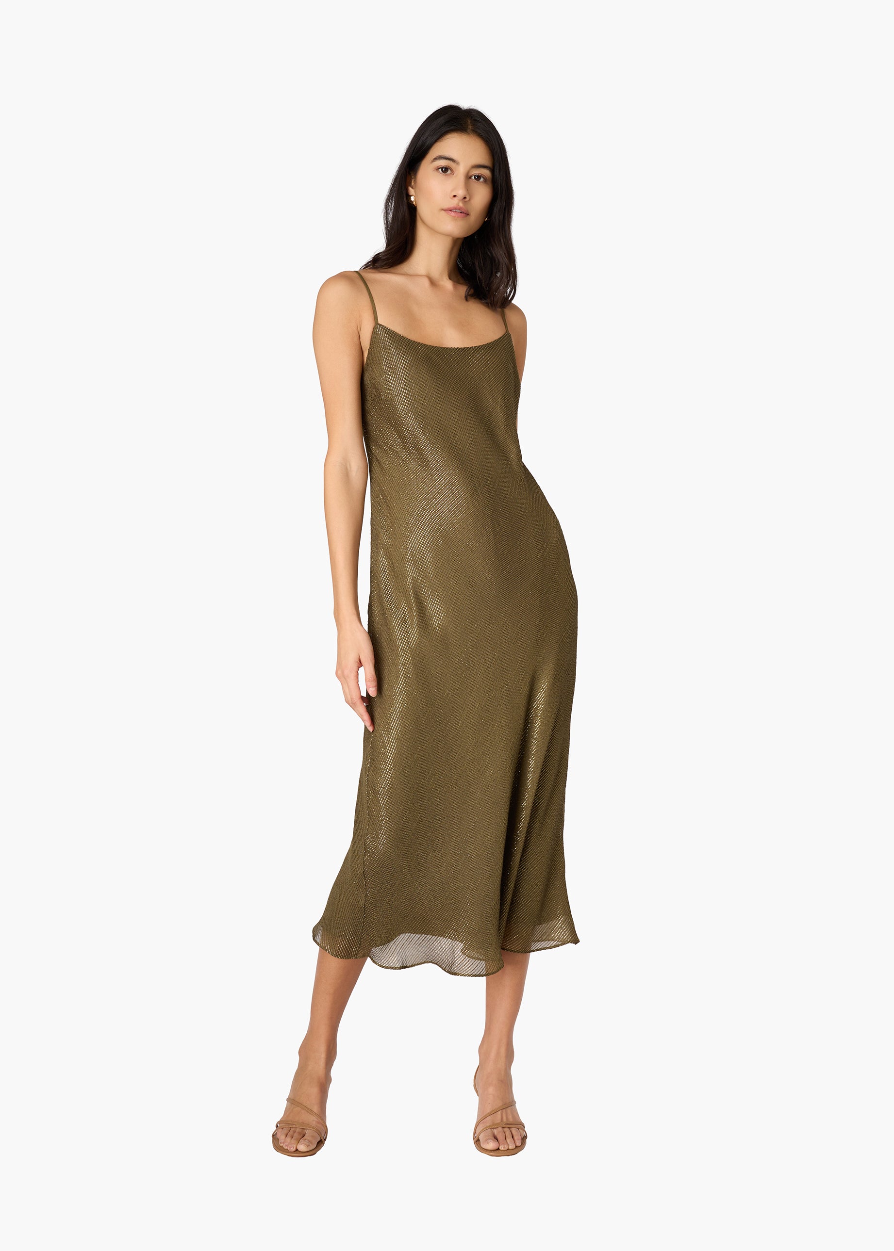 Luanna Metallic Chiffon Midi Dress Grove – CAMI NYC