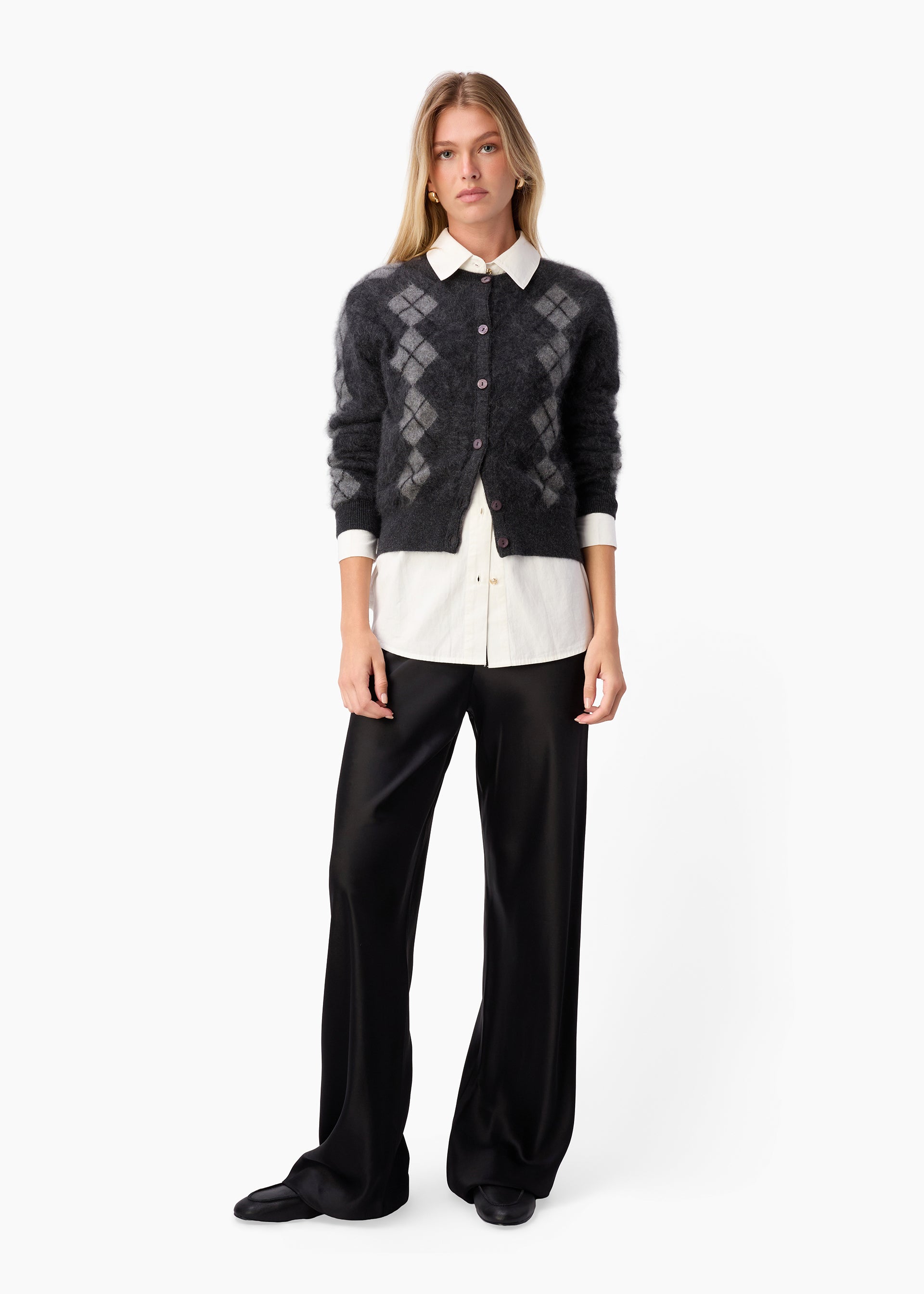 Dorian Cashmere Cardigan Gray Argyle – CAMI NYC