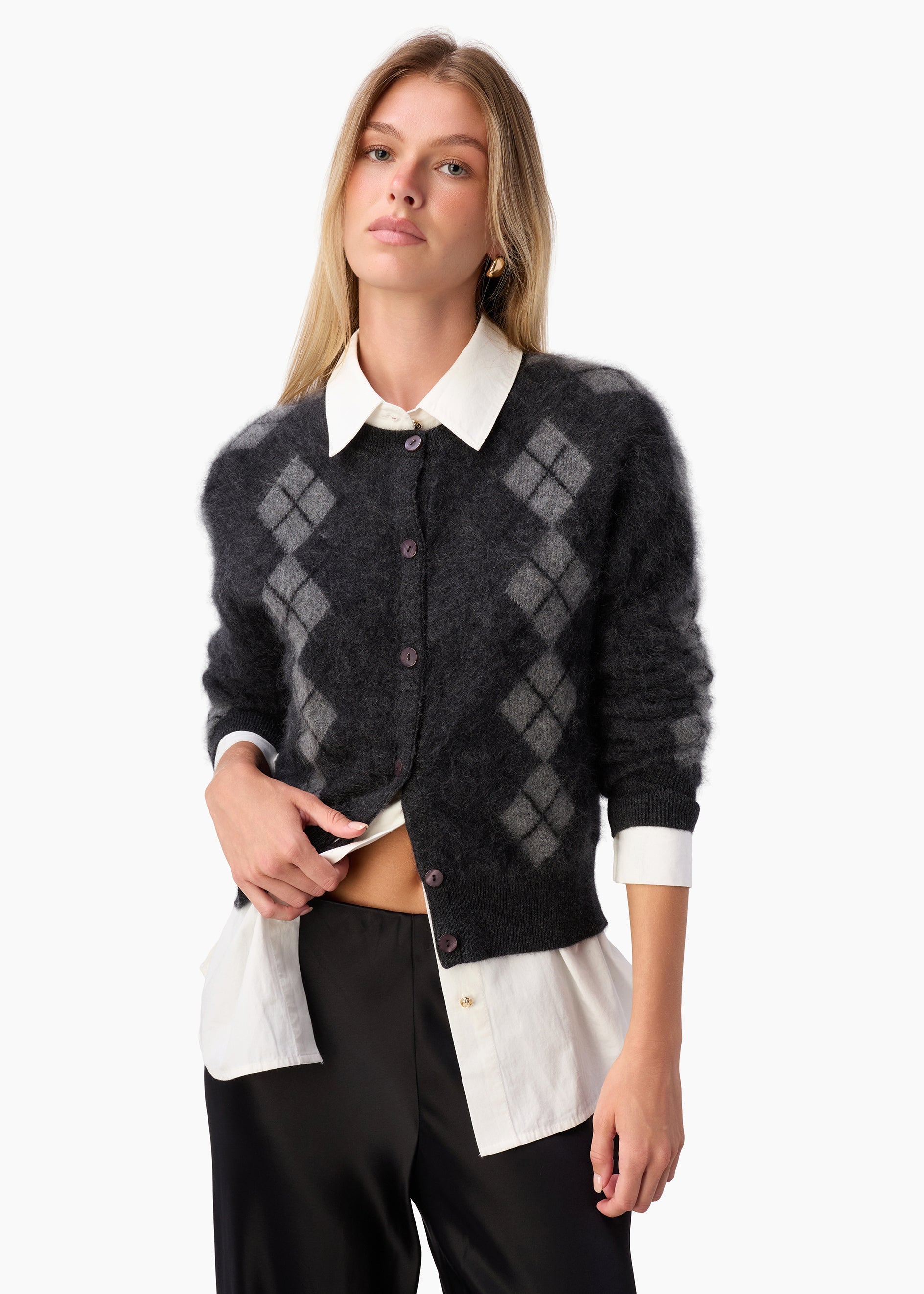 Dorian Cashmere Cardigan Gray Argyle – CAMI NYC