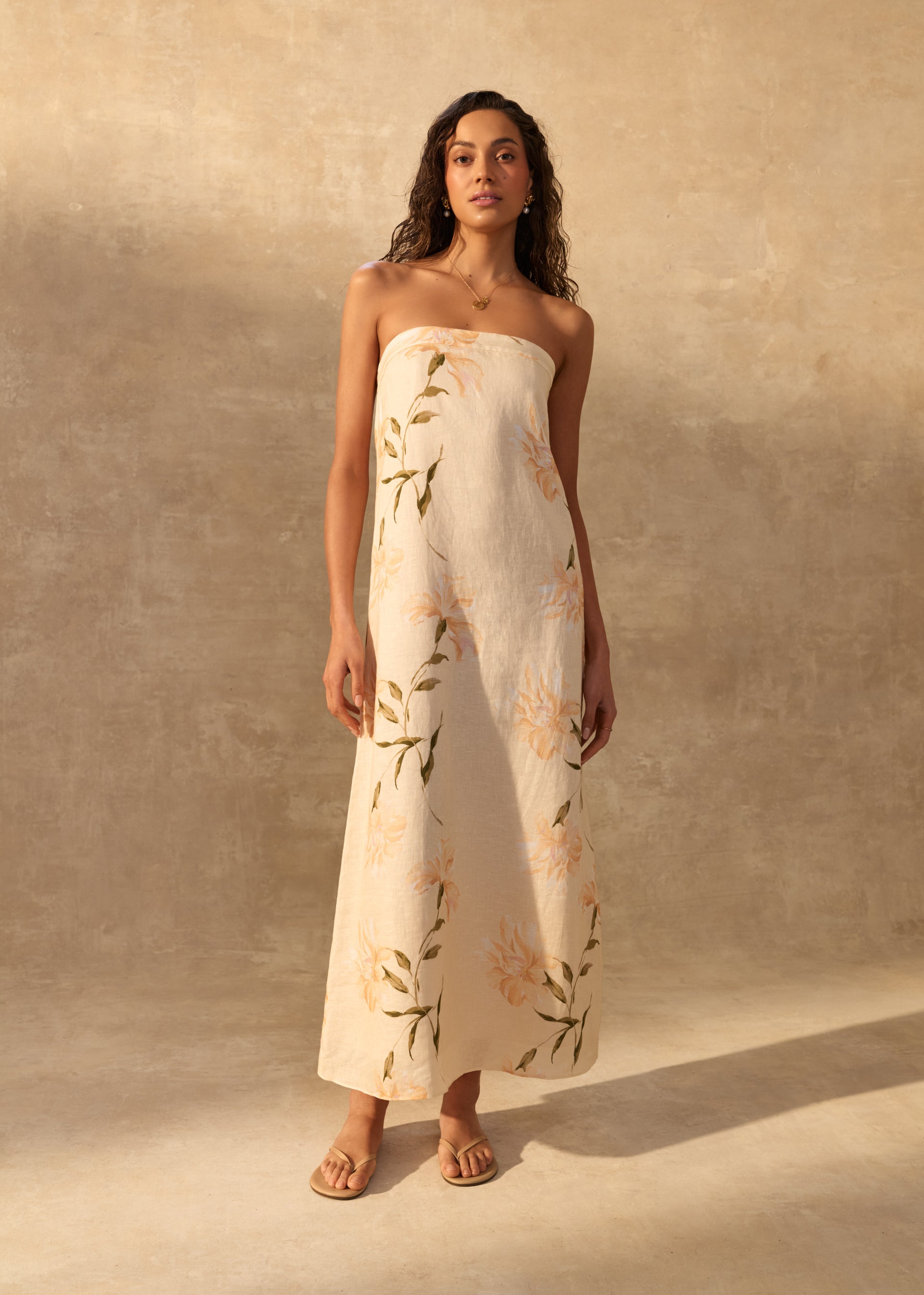 Andalus Strapless Linen Dress Daylily