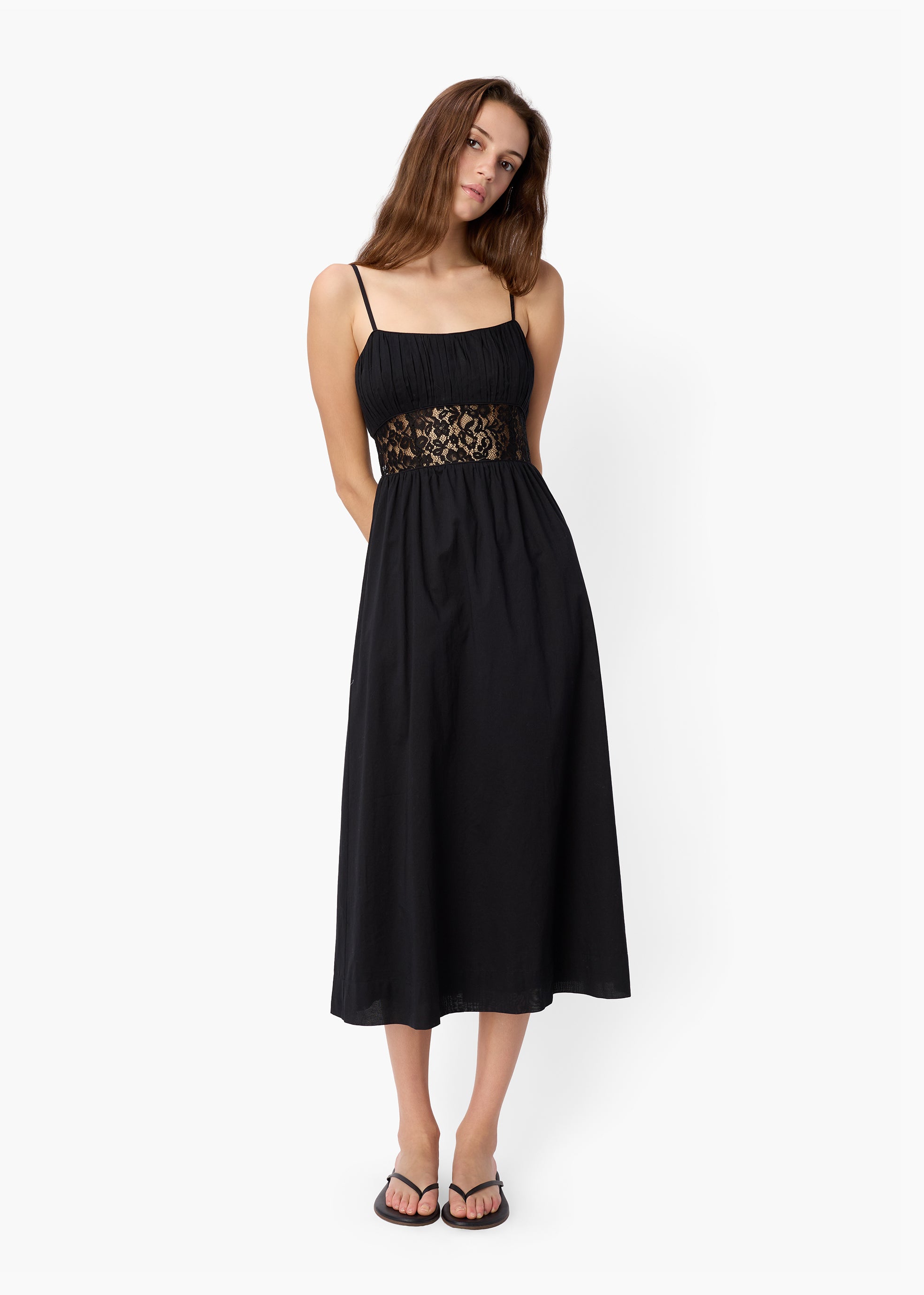CAMI NYC Women's Octavia Lace Inset Cotton Midi Dress - Black
