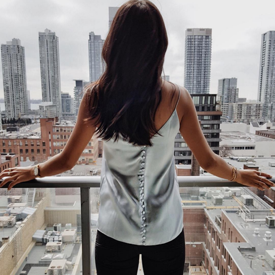 Kayla Seah Rocking Her Misty Blue Blair Cami With a View