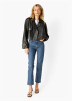 Saskia Genuine Leather Cropped Trench Black