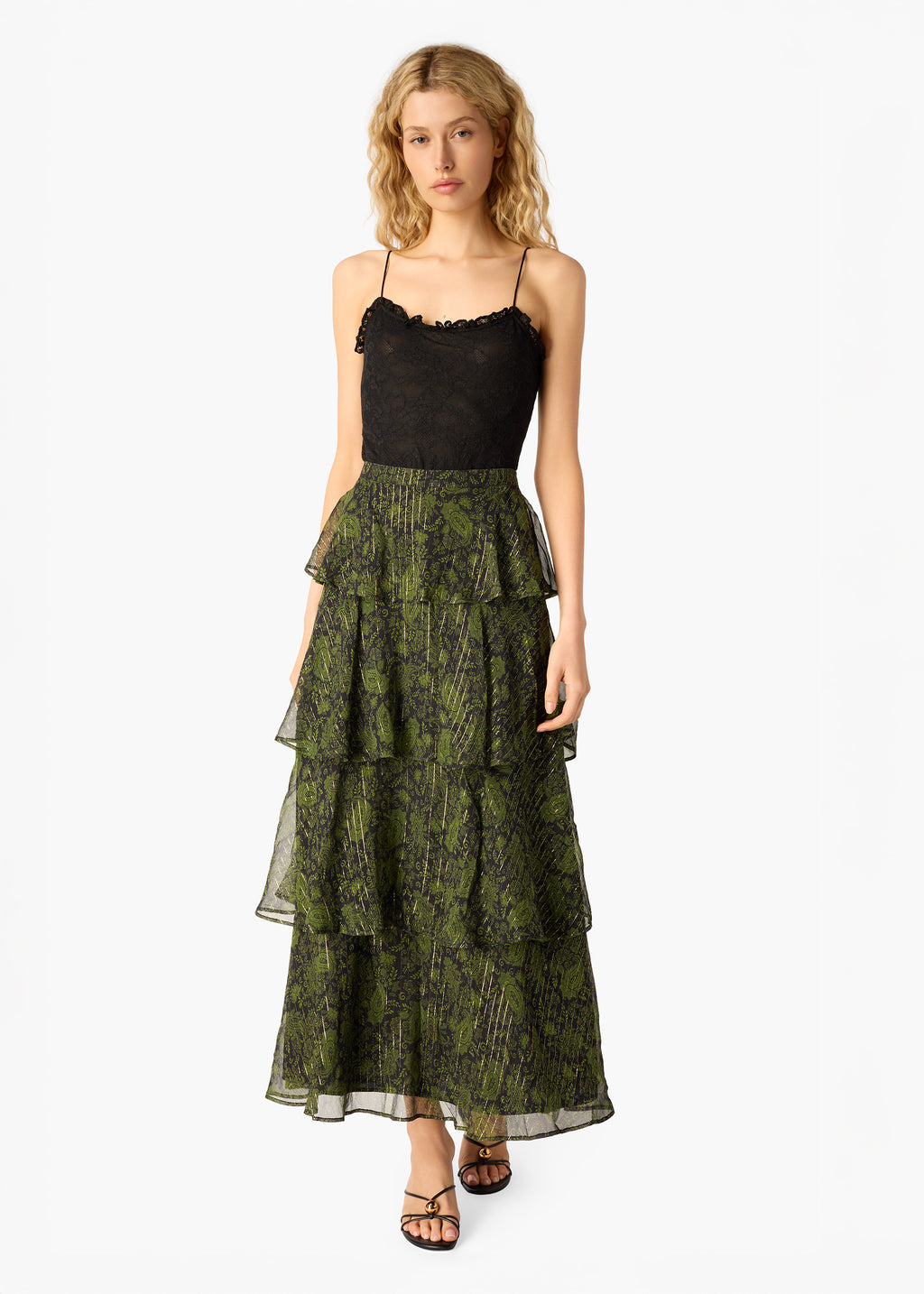 Gaia Metallic Chiffon Tiered Maxi Skirt Forest Paisley