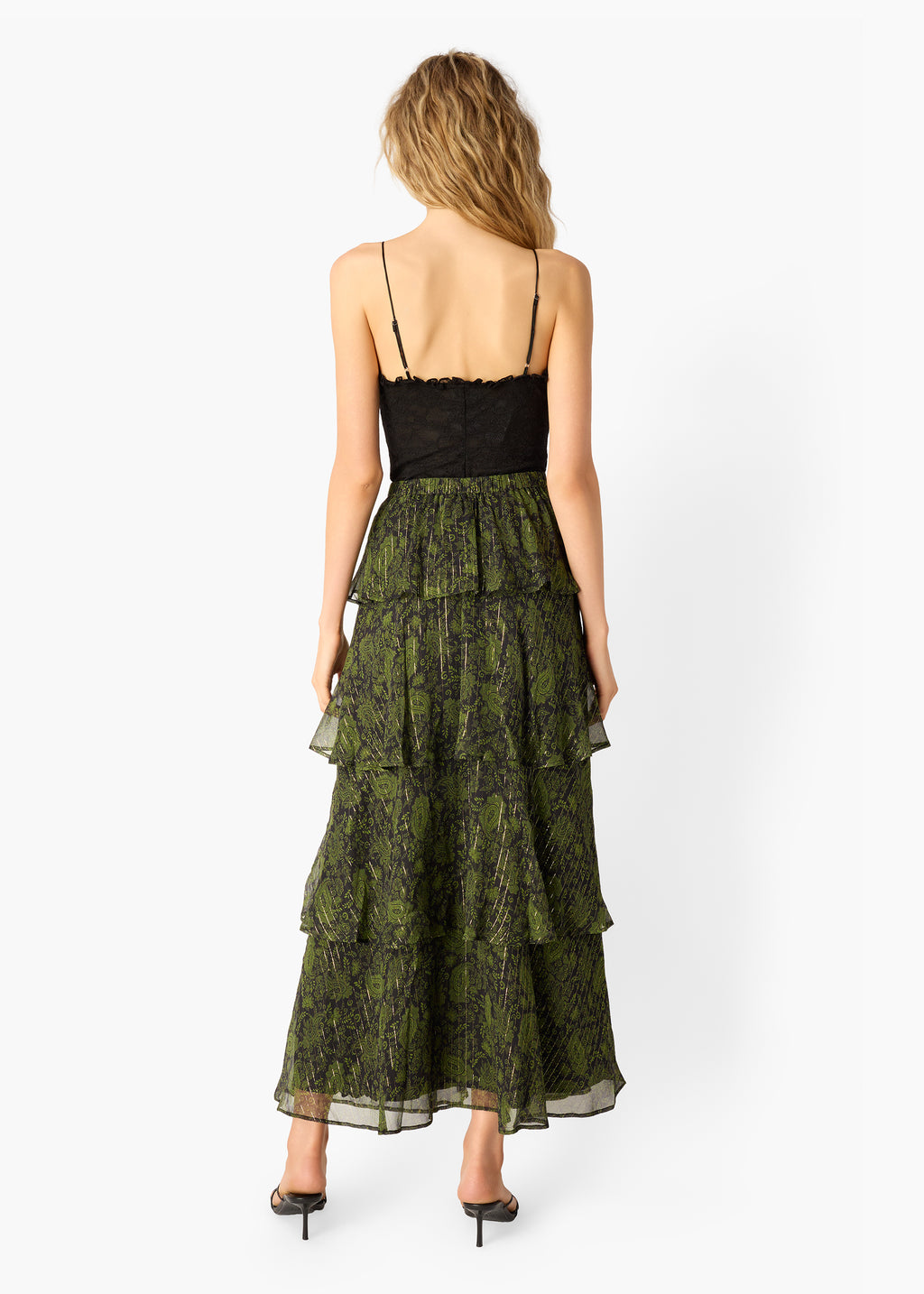 Gaia Metallic Chiffon Tiered Maxi Skirt Forest Paisley